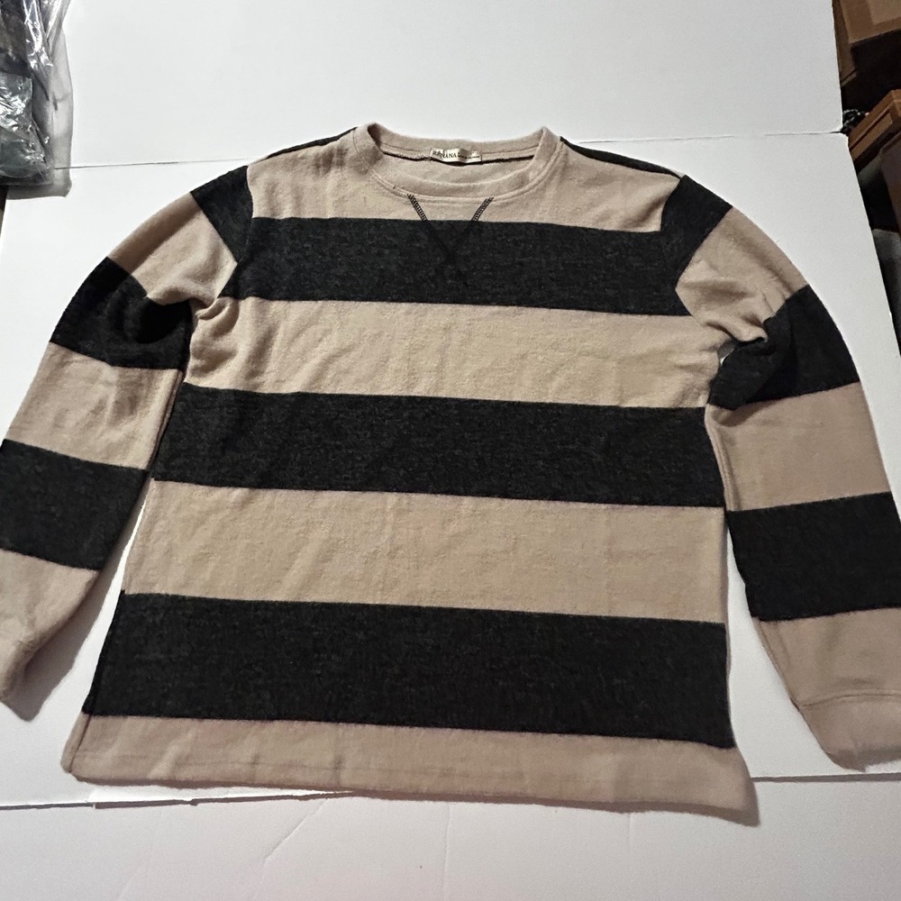 Zenana Womens Tan Charcoal Grey Striped Long Sleeve Top Light Sweater Sz S Cozy